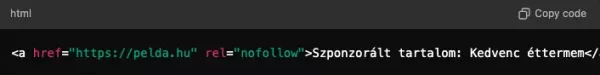 HTML kód nofollow link példa