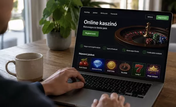 A felhasználó egy magyar nyelvű online kaszinóoldalt böngészik laptopon