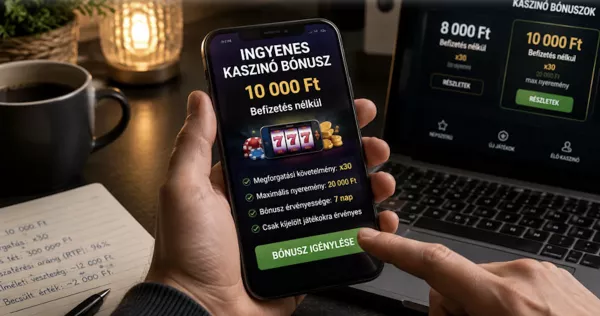 Ingyenes kaszinó bónusz ajánlat részletei mobiltelefonon és laptopon, megforgatási követelménnyel és maximális nyereménnyel