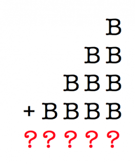 A 'B' mindenhol pozitív, egyjegyű, egész szám. Mi lesz az ábrán látható összeadás végeredménye, ha tudjuk, hogy az eredmény 5 jegyű szám?